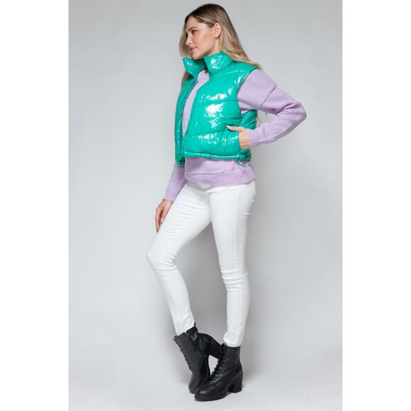 SNOBBISH Green Shiny Quilted Puffer Vest Full Zip Turtleneck Misses NEW Medium - Picture 10 of 11